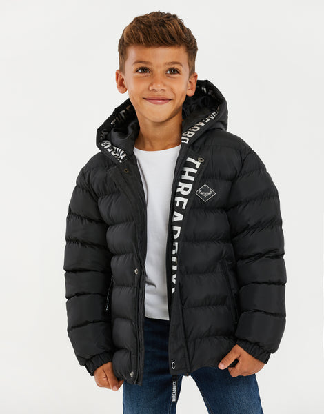 Boys' Black Hooded Padded Kids' Puffer Jacket – Threadbare