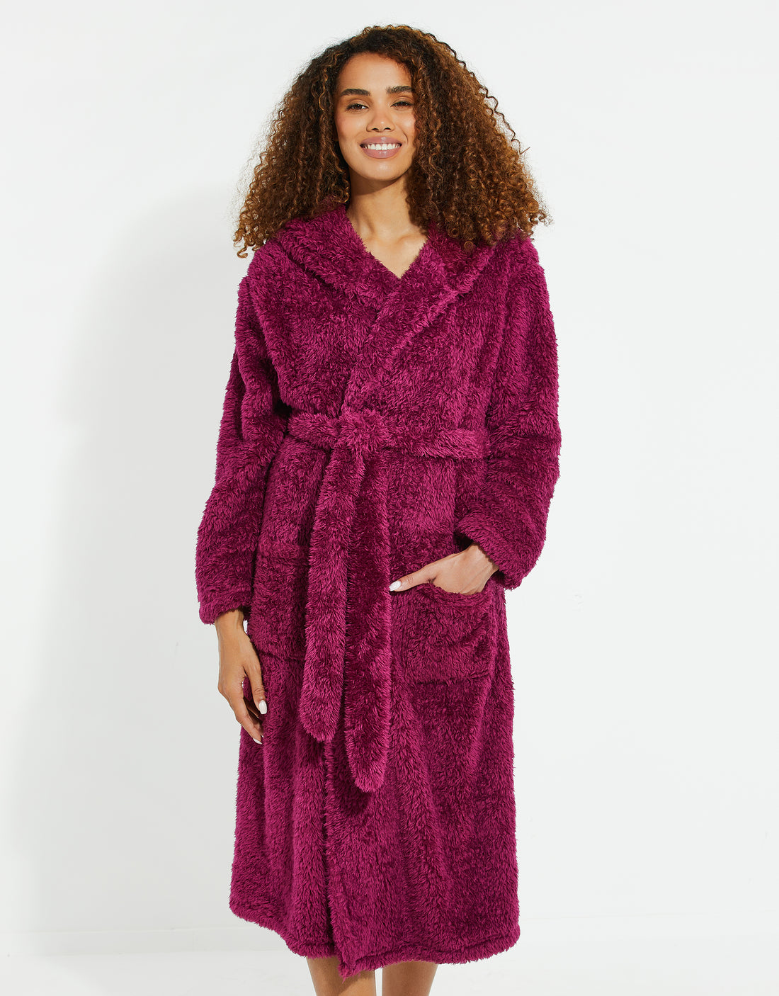 Women's Dark Pink Fluffy Hooded Ladies' Dressing Gown Threadbare