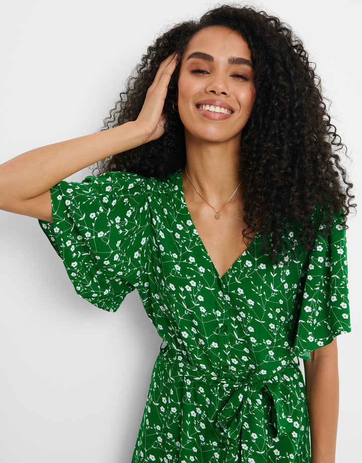 Green Floral Print Flutter Sleeve Midi Dress