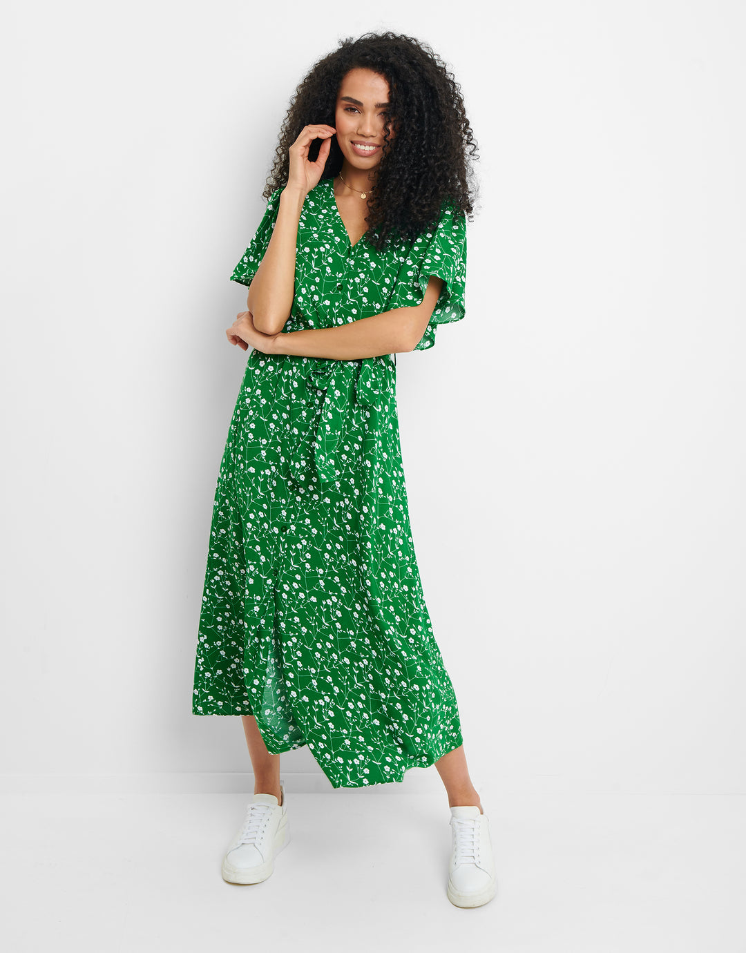 Green Floral Print Flutter Sleeve Midi Dress
