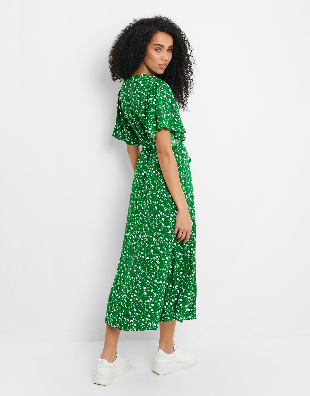 Green Floral Print Flutter Sleeve Midi Dress