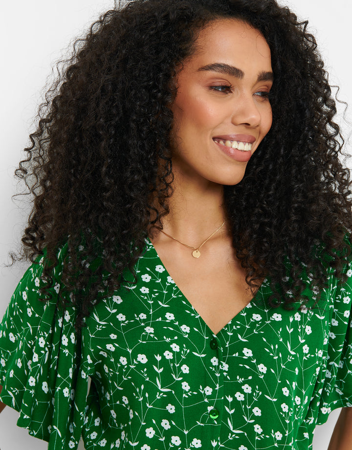 Green Floral Print Flutter Sleeve Midi Dress
