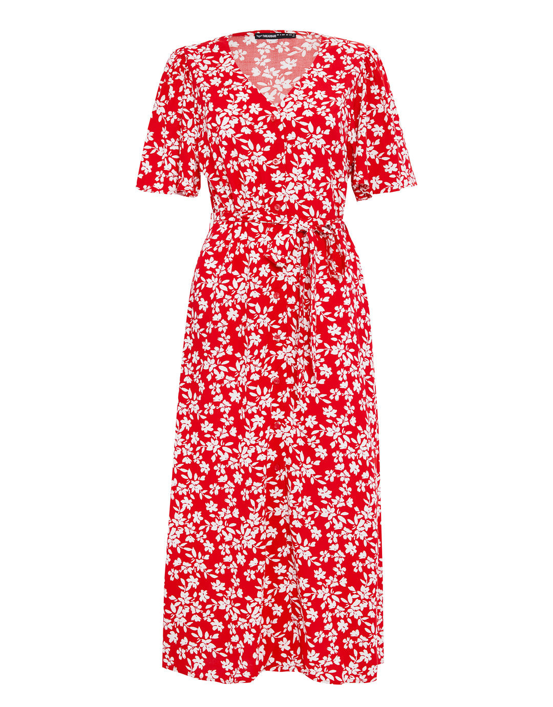 Threadbare Women's Red Floral Print V-Neck Belted Flutter Sleeve Midi Dress Threadbare Women's Red Floral Print V-Neck Belted Flutter Sleeve Midi Dress