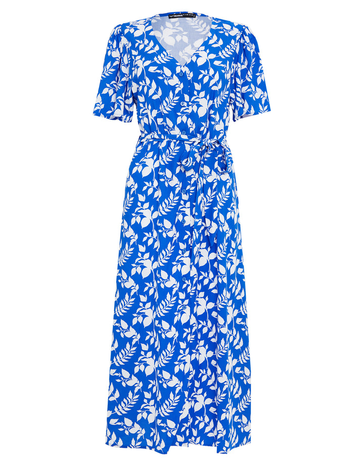 Blue Leaf Print Flutter Sleeve Midi Dress