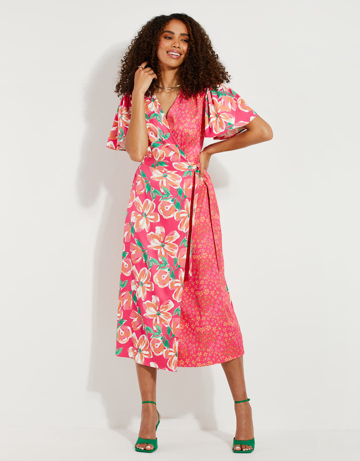 Pink Floral Satin Wrap Dress