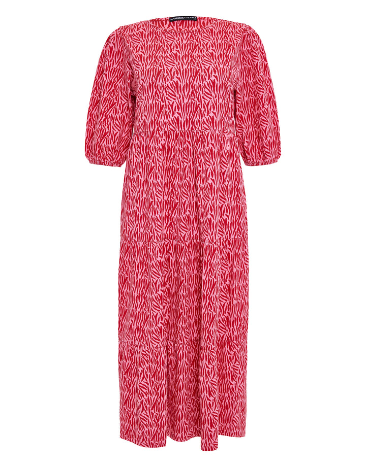 Pink Zebra Print Tiered Midi Dress