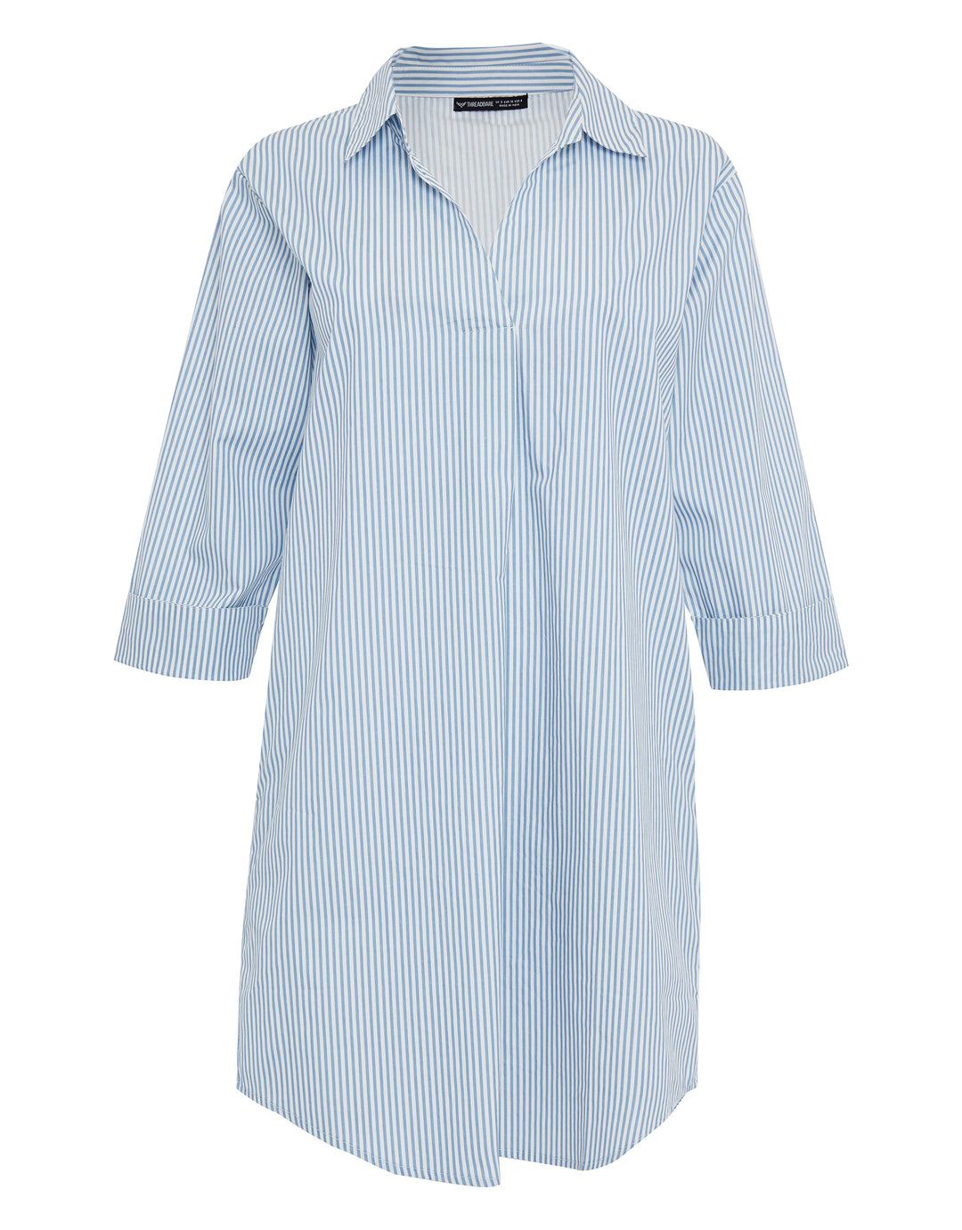 Blue Stripe Cotton Poplin V Neck Collared Shirt Dress With Pockets