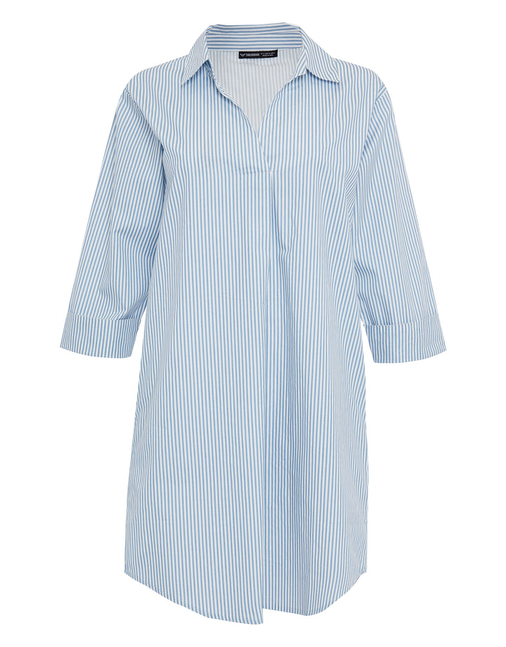 Blue Stripe Cotton Poplin V Neck Collared Shirt Dress With Pockets