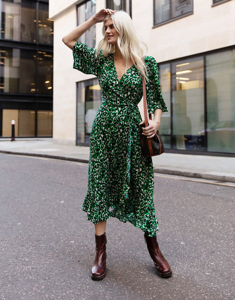 Threadbare Women's Green Leopard Print Frill Hem Ladies' Midi Wrap Dress Threadbare Women's Green Leopard Print Frill Hem Ladies' Midi Wrap Dress