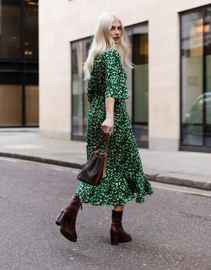 Green Leopard Print Midi Wrap Dress