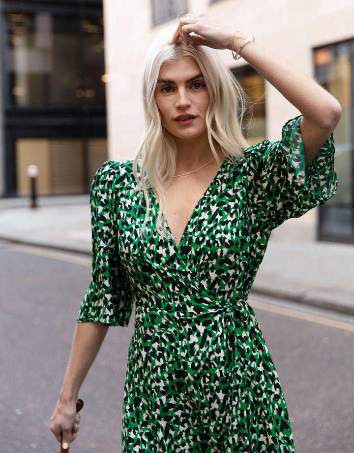 Green Leopard Print Midi Wrap Dress