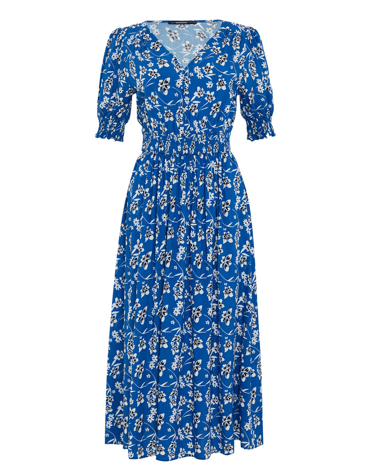 Blue Floral Button Down Front Midi Dress