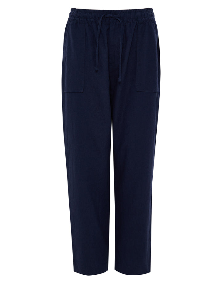 Linen Blend Drawstring Trousers in Navy