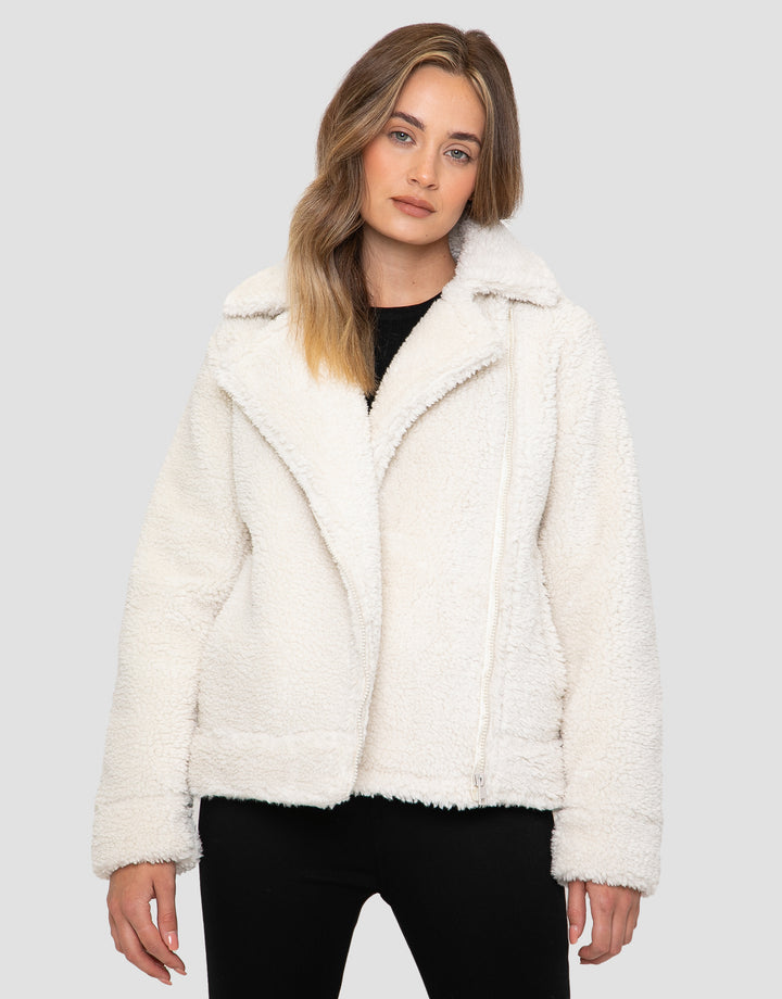 Cream Faux Borg Biker Jacket