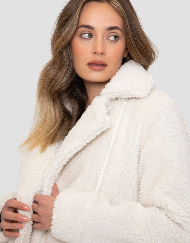 Cream Faux Borg Biker Jacket