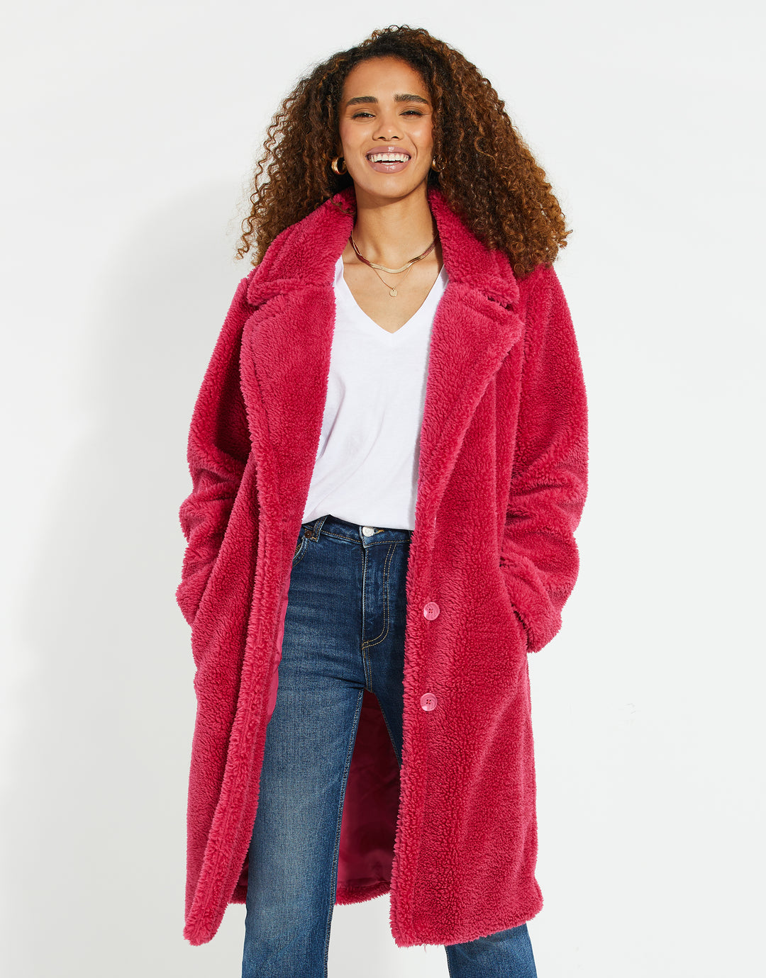 Fuchsia Pink Faux Borg Teddy Coat