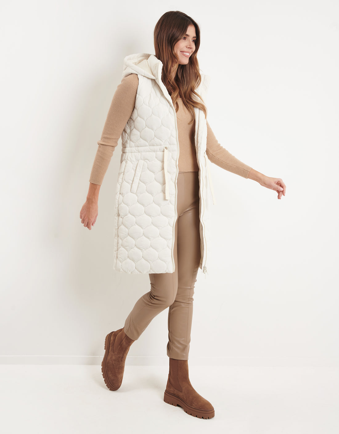 Women's Cream White Longline Gilet Onion Quilted Ladies' Jacket