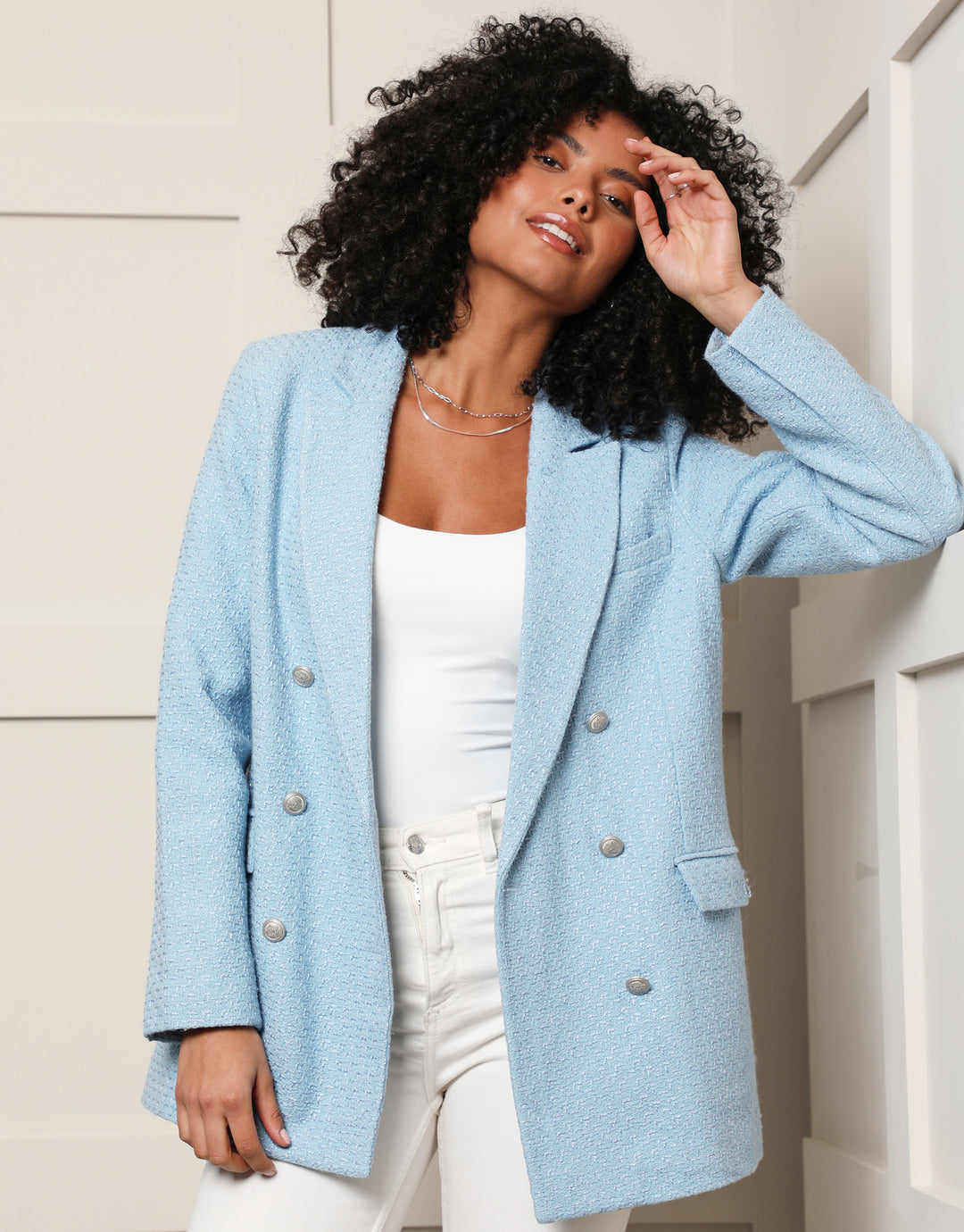 Light Blue Oversized Double Breasted Bouclé Blazer