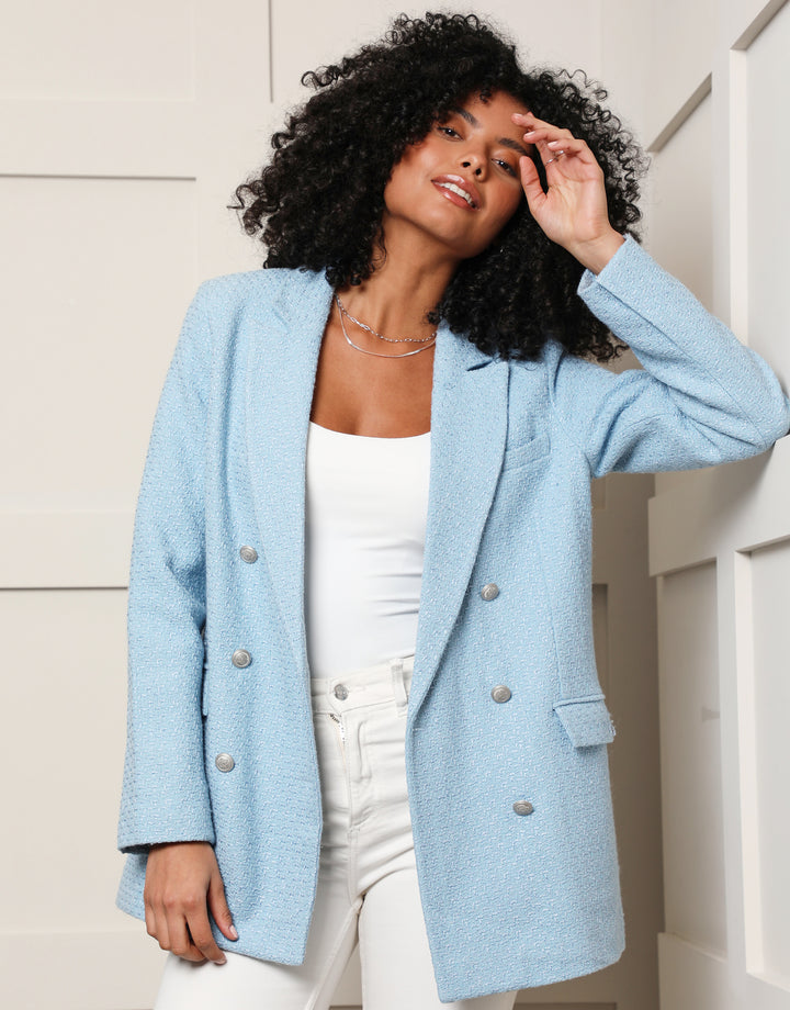 Light Blue Oversized Double Breasted Bouclé Blazer