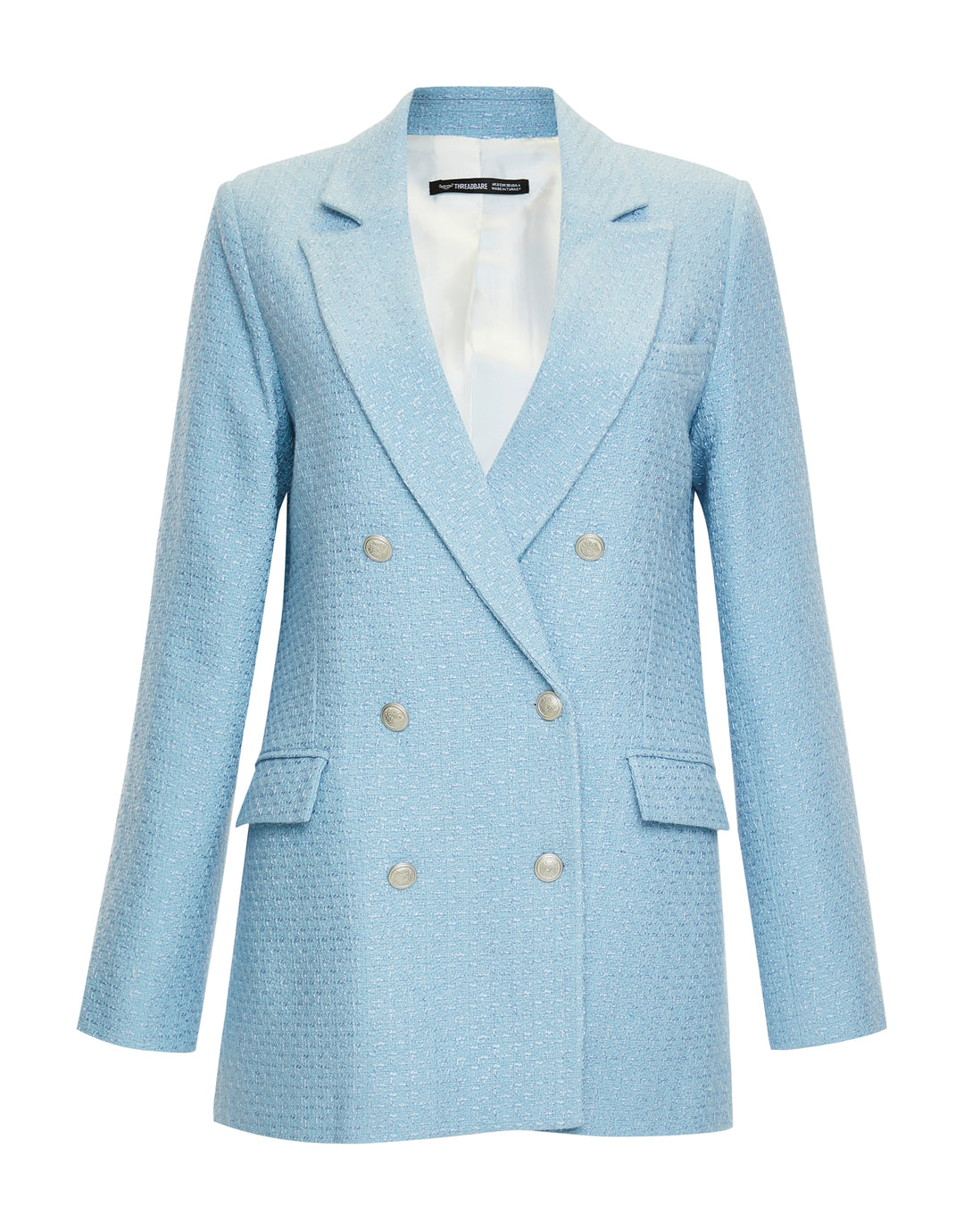 Light Blue Oversized Double Breasted Bouclé Blazer