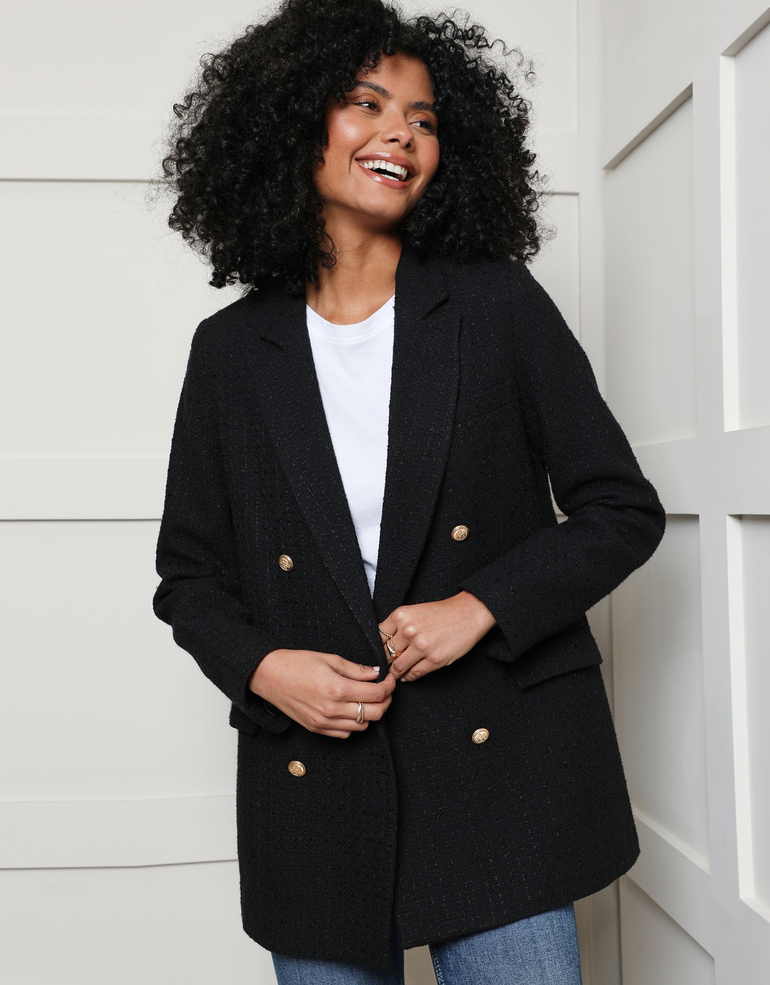 Women's Black Bouclé Blazer Double Breasted Ladies' Jacket – Threadbare