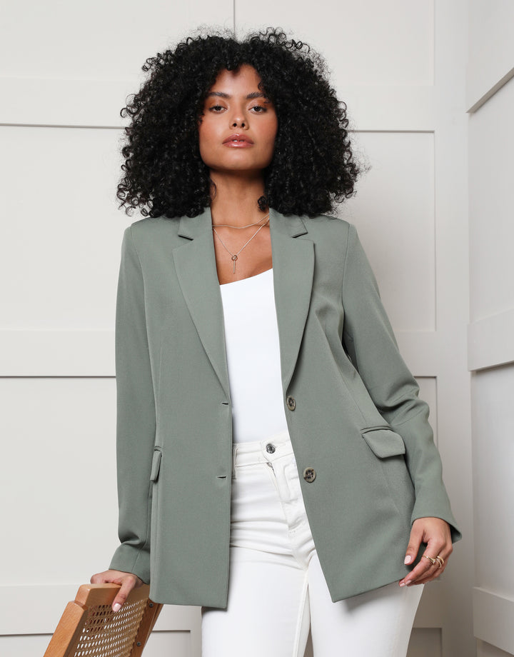 Khaki Green Single Breasted Relaxed Fit Blazer