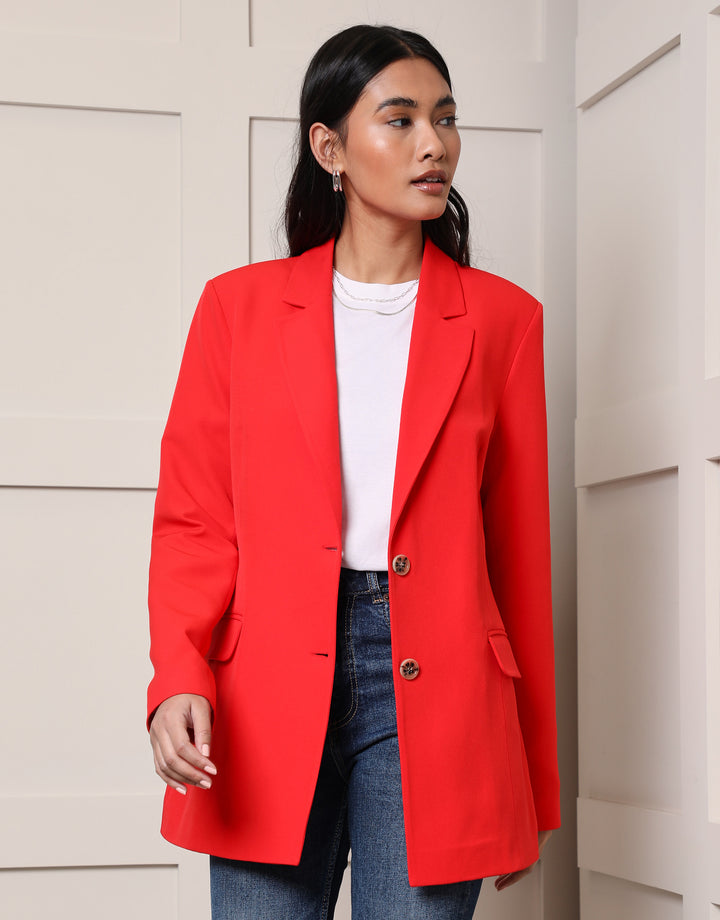 Red Single Breasted Relaxed Fit Blazer