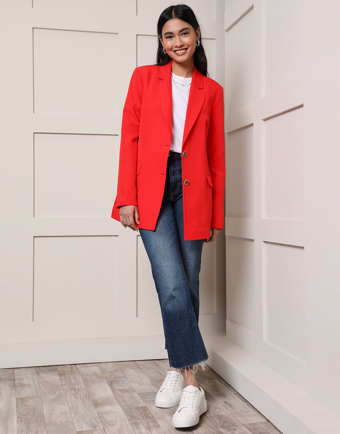 Red Single Breasted Relaxed Fit Blazer
