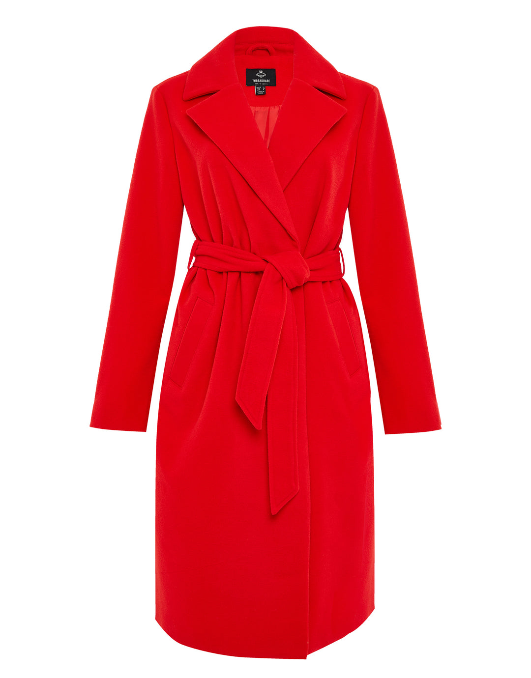 Threadbare Women's Red Revere Collar Belted Tailored Ladies' Formal Coat Threadbare Women's Red Revere Collar Belted Tailored Ladies' Formal Coat