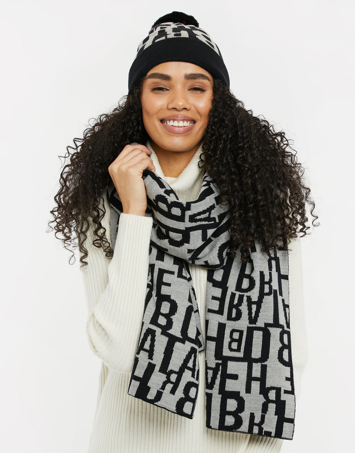 Black Letter Bobble Hat & Scarf (2-Piece Set)
