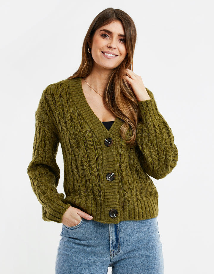 Khaki Green Cable Knit Cardigan