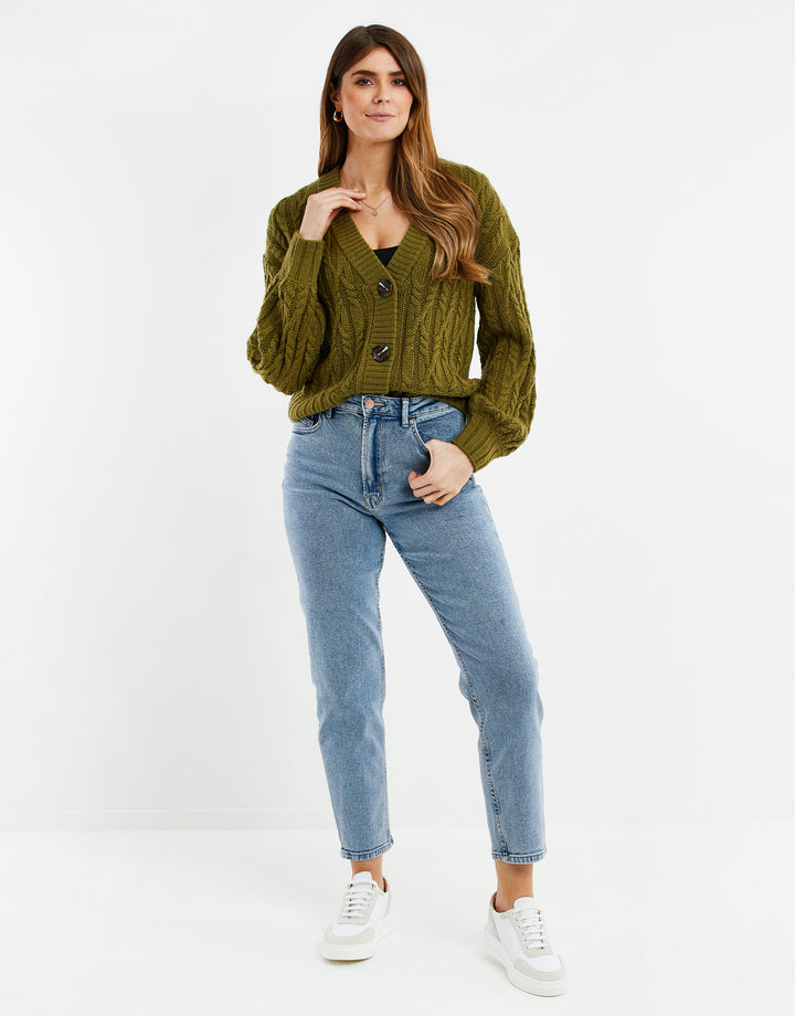 Khaki Green Cable Knit Cardigan