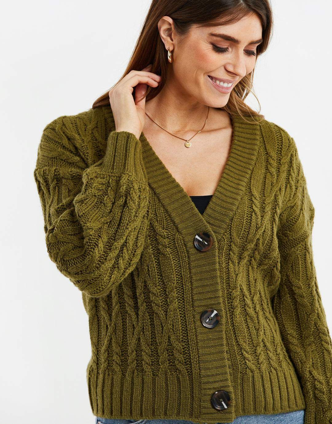 Khaki Green Cable Knit Cardigan