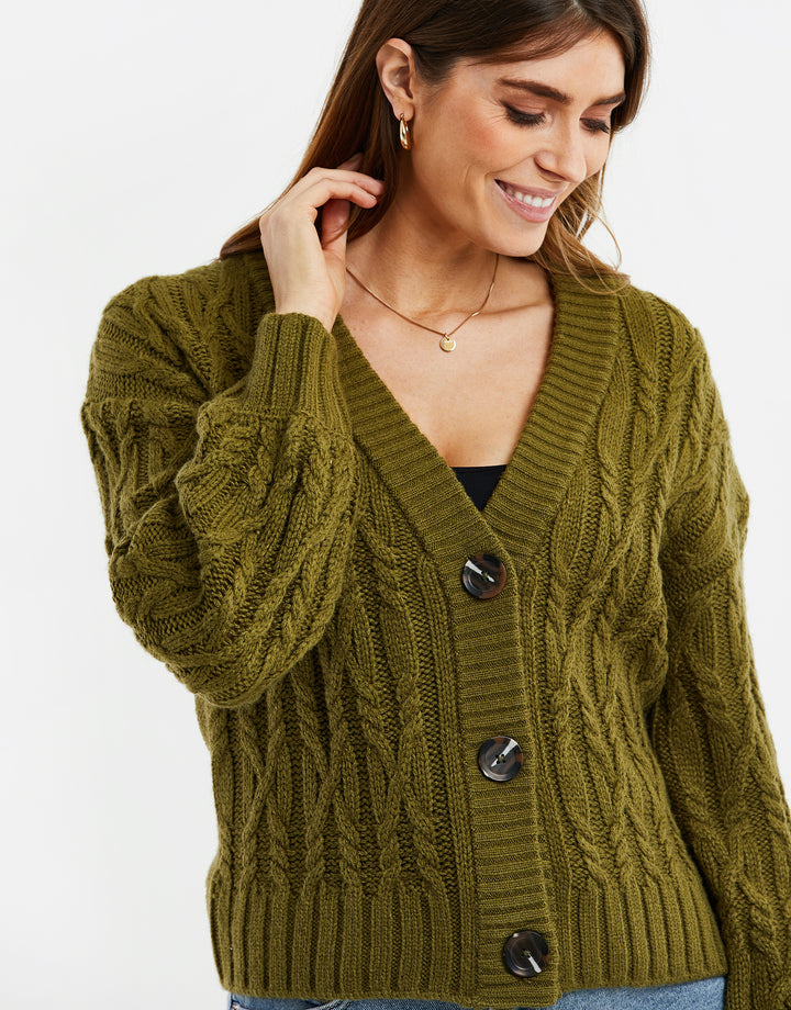 Khaki Green Cable Knit Cardigan