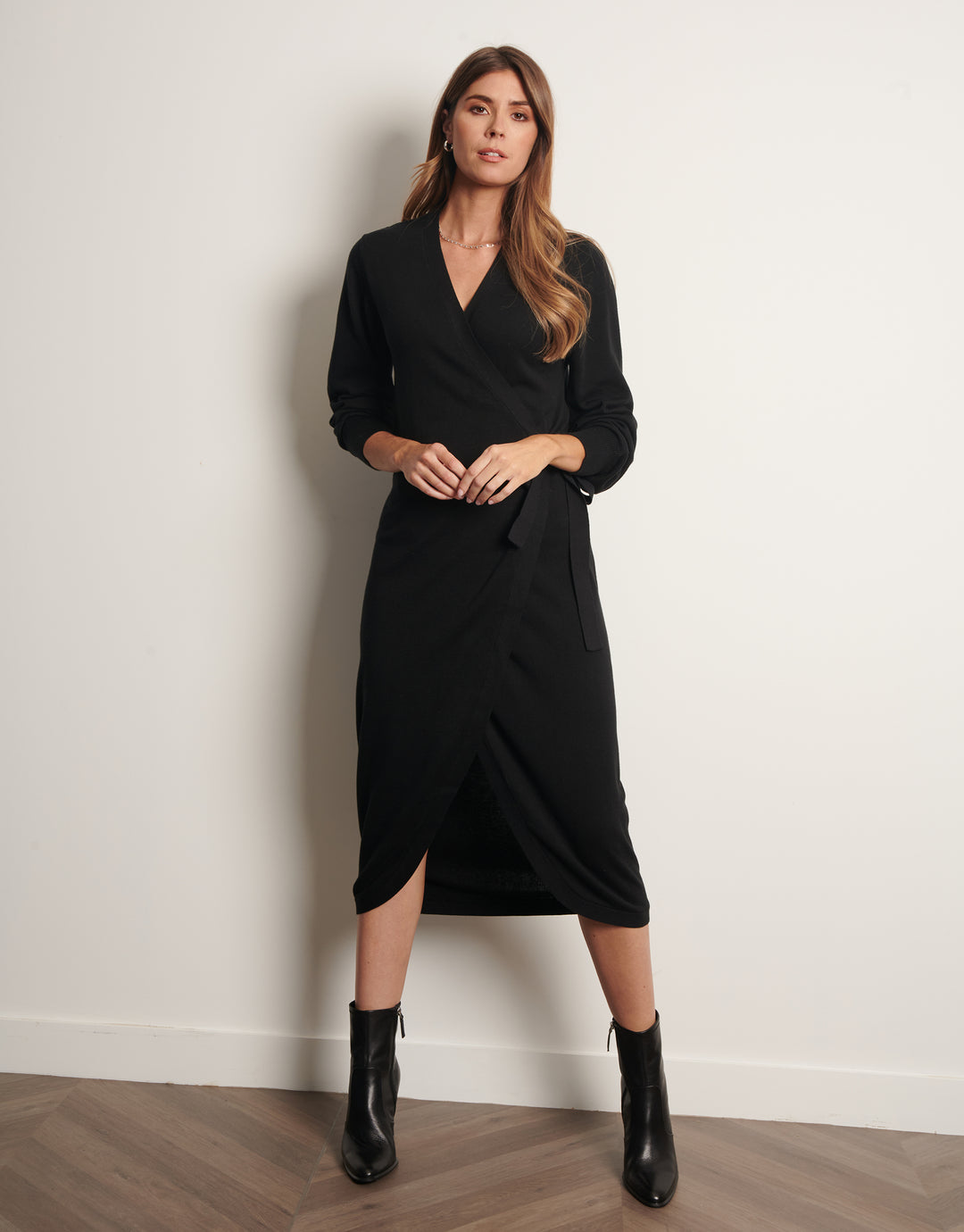Threadbare Women's Black Midi V-Neck Rib Knit Ladies' Wrap Dress Threadbare Women's Black Midi V-Neck Rib Knit Ladies' Wrap Dress