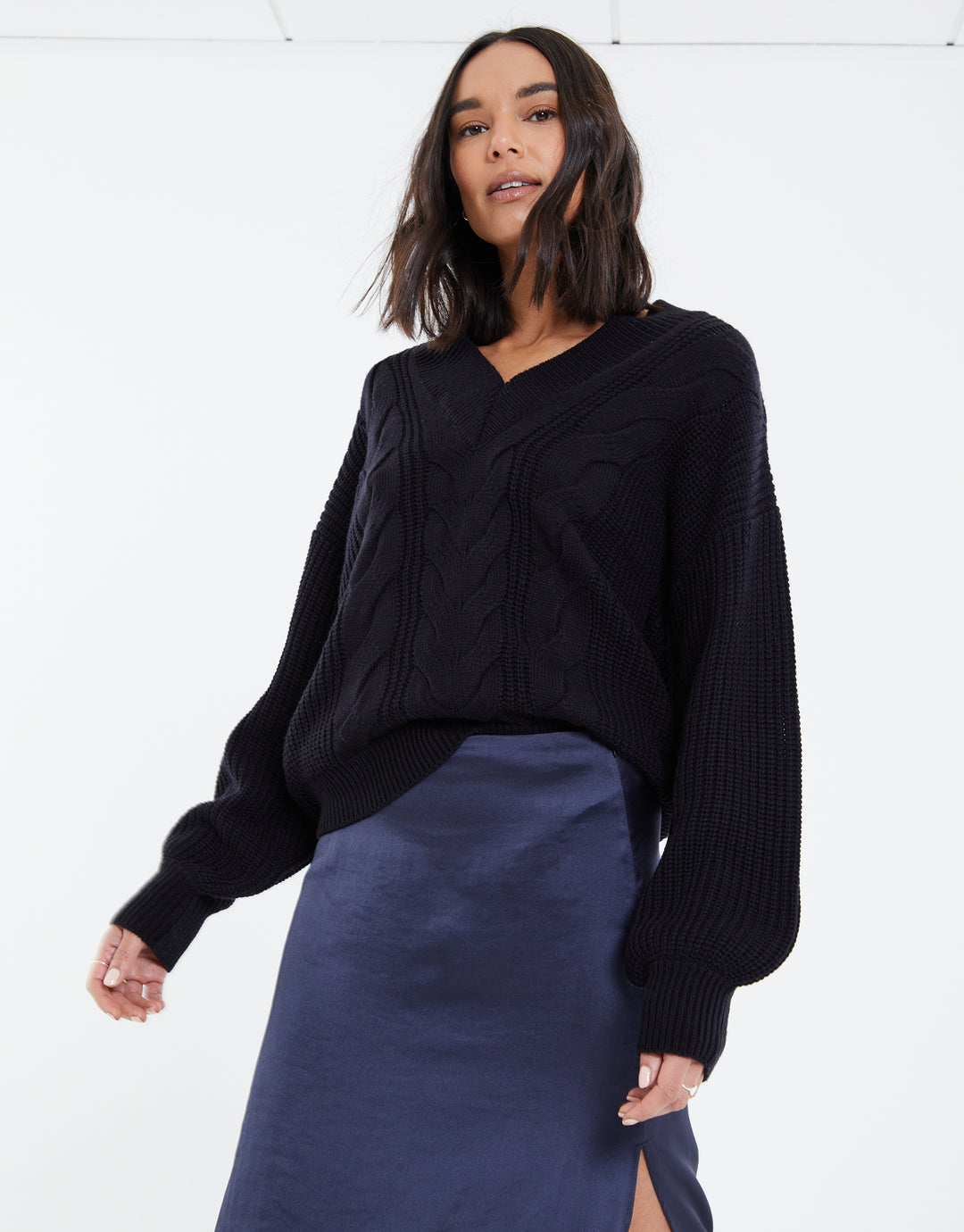 Black Cable Knit V Neck Jumper