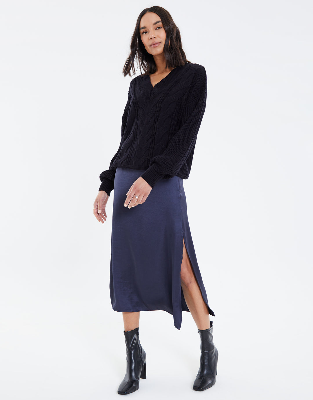 Black Cable Knit V Neck Jumper