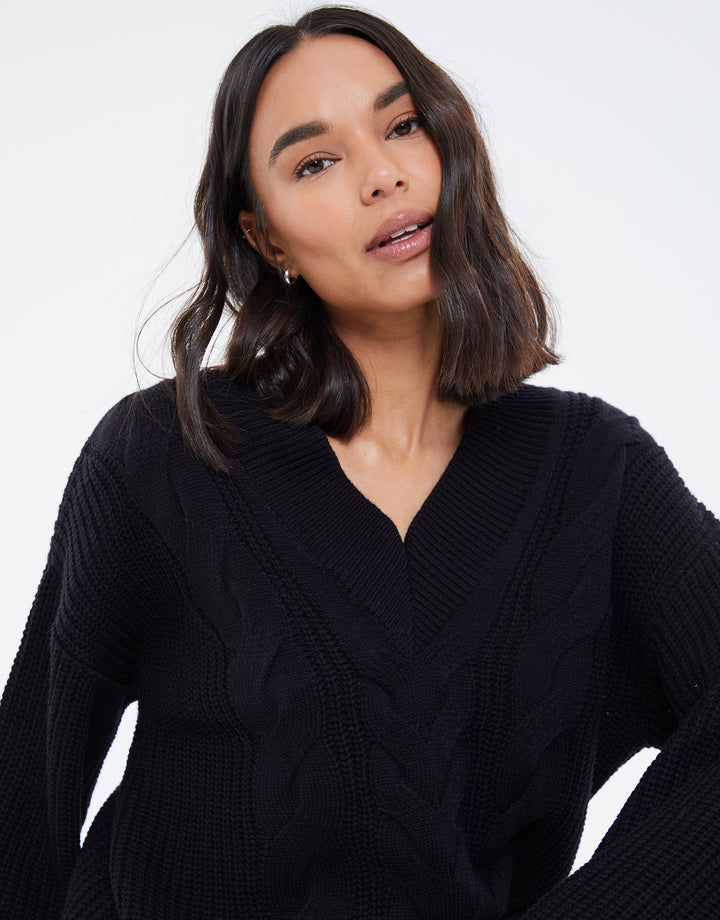 Black Cable Knit V Neck Jumper