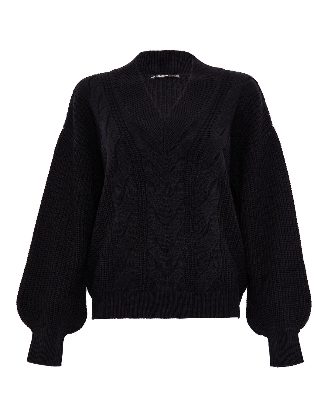 Black Cable Knit V Neck Jumper