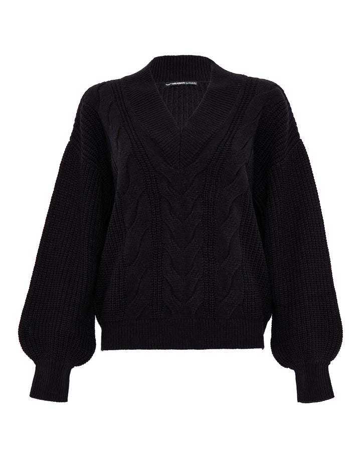 Black Cable Knit V Neck Jumper
