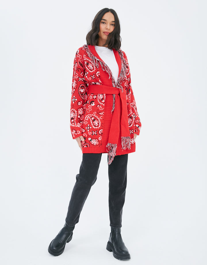 Red Paisley Print Knitted Cardigan
