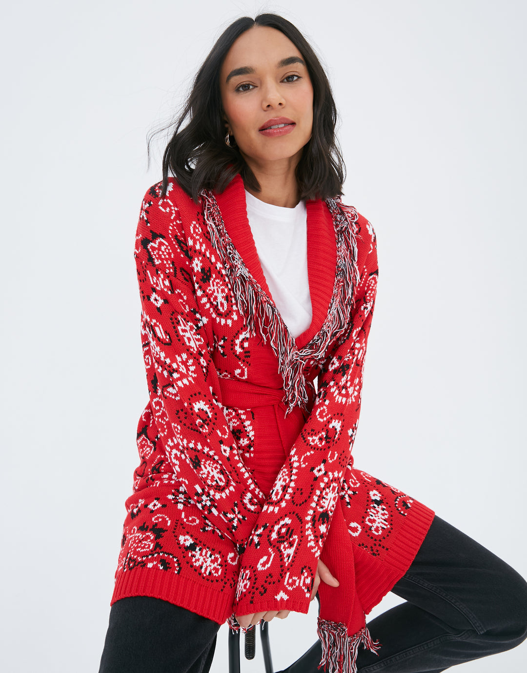 Red Paisley Print Knitted Cardigan