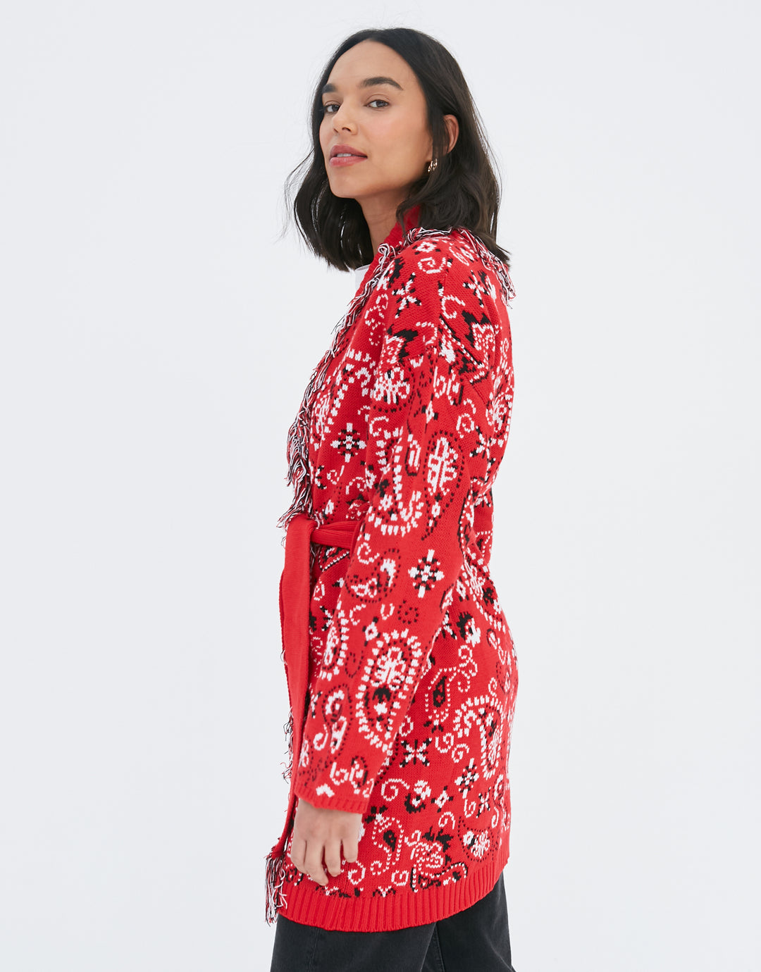 Red Paisley Print Knitted Cardigan