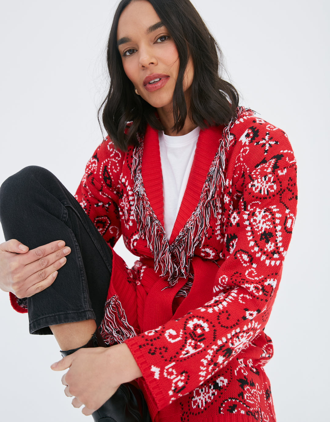 Red Paisley Print Knitted Cardigan
