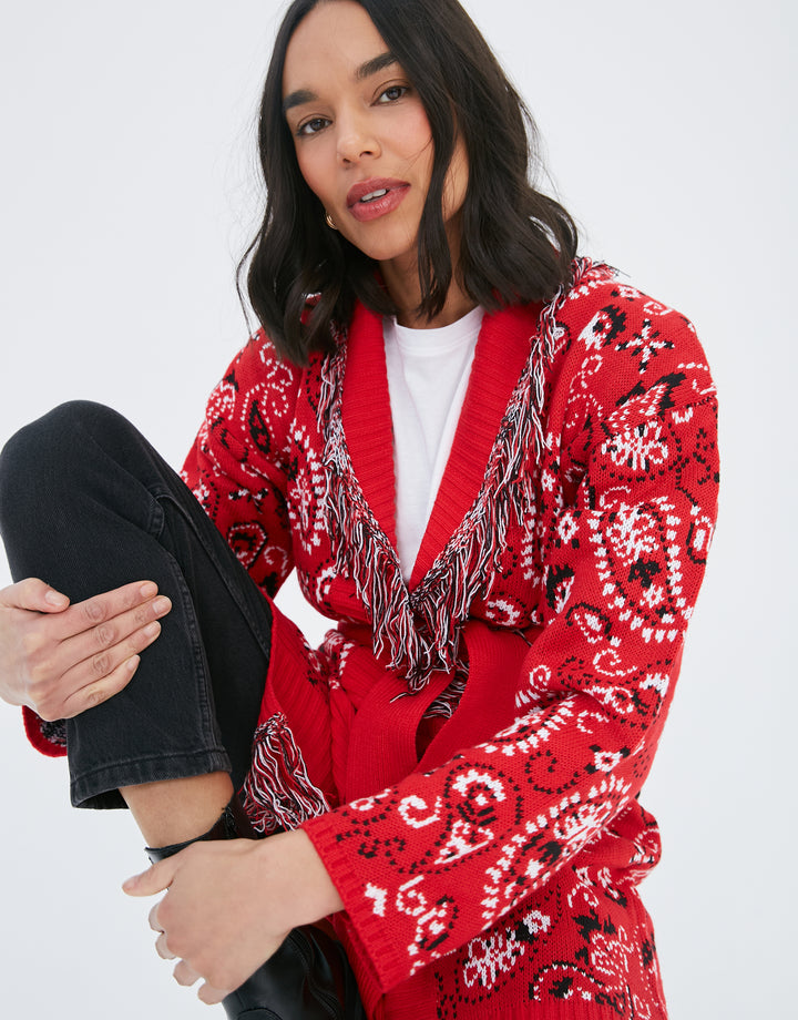 Red Paisley Print Knitted Cardigan