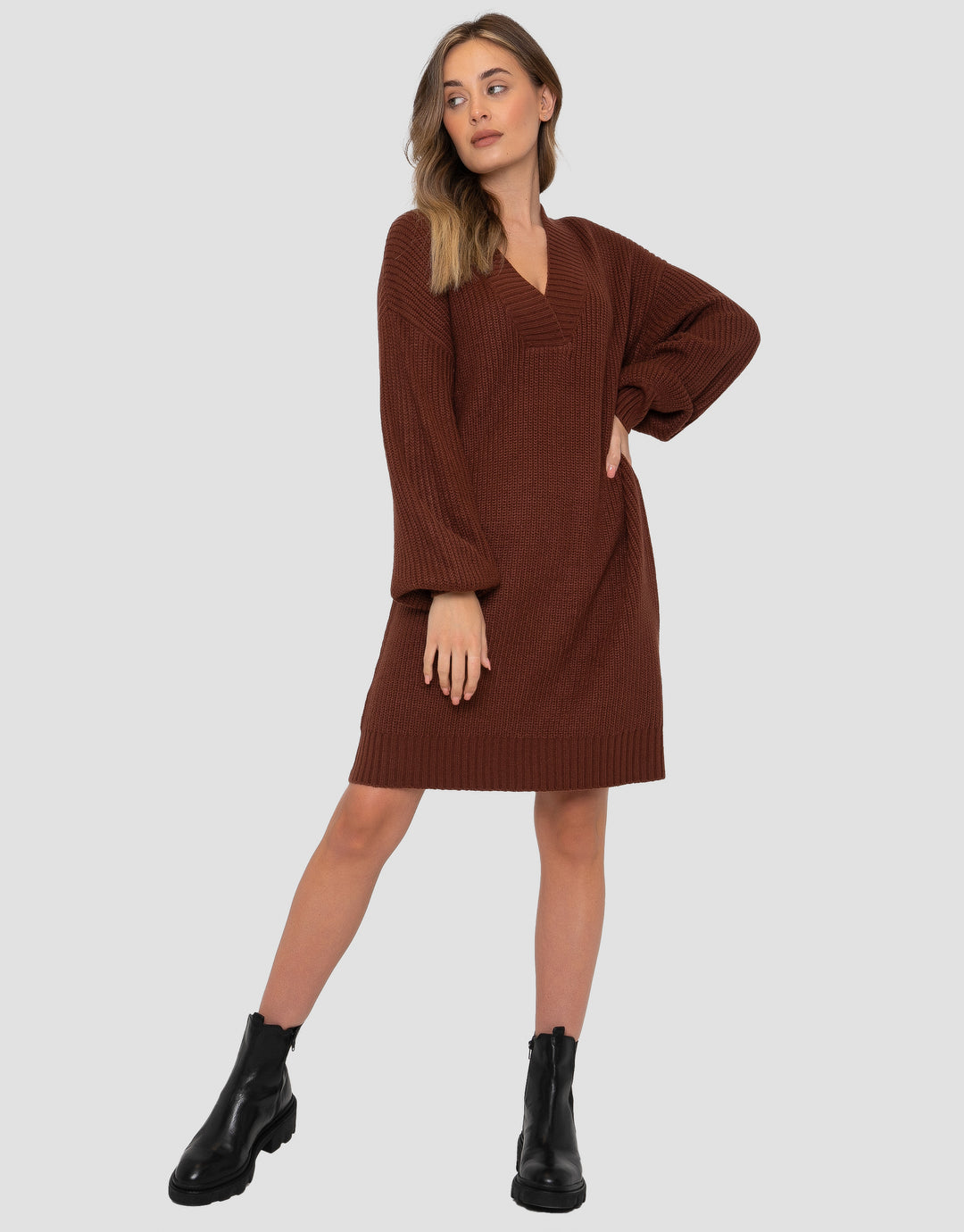 Brown V-Neck Knitted Jumper Dress