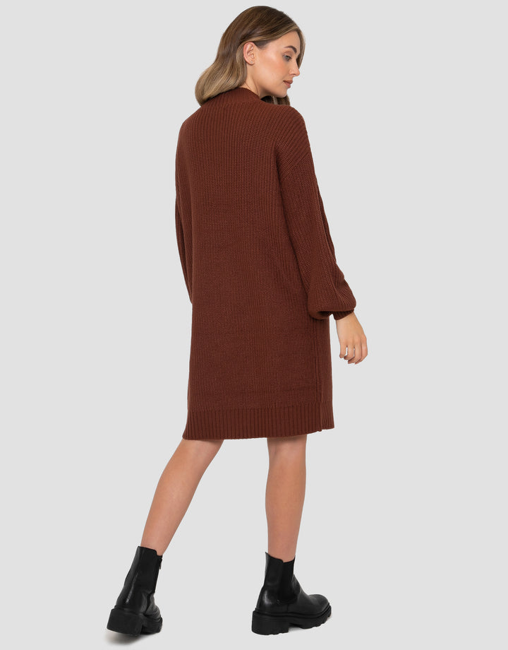 Brown V-Neck Knitted Jumper Dress