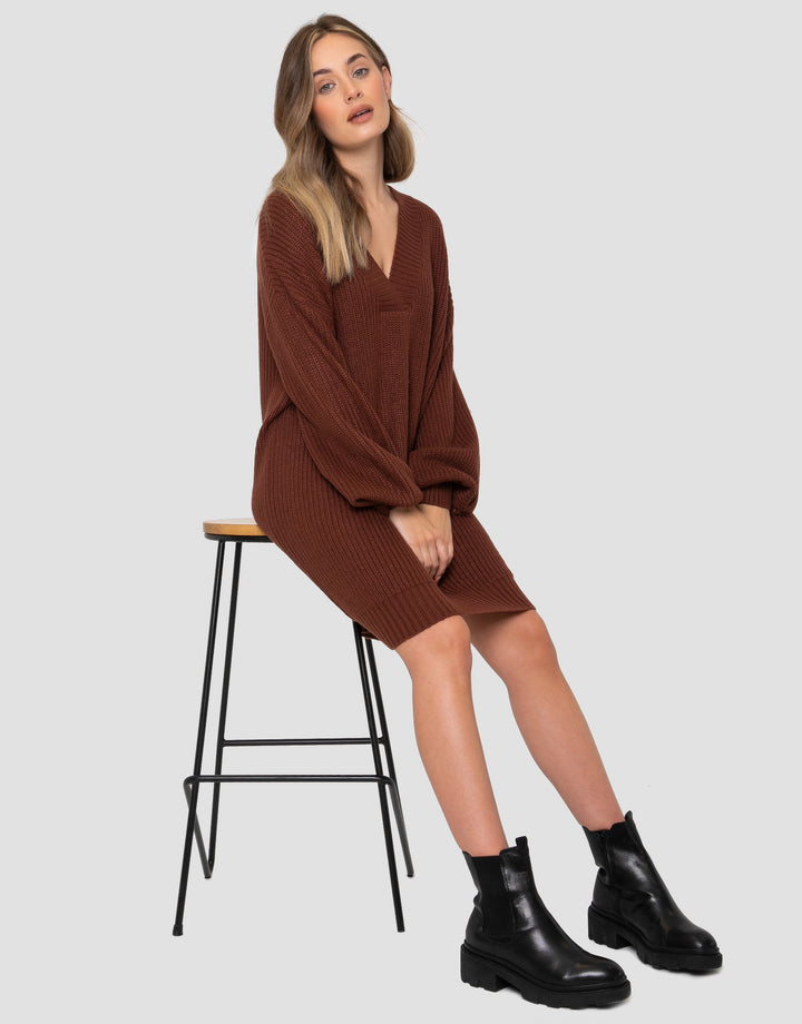 Brown V-Neck Knitted Jumper Dress