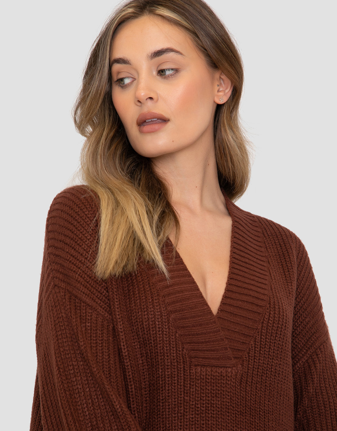 Brown V-Neck Knitted Jumper Dress