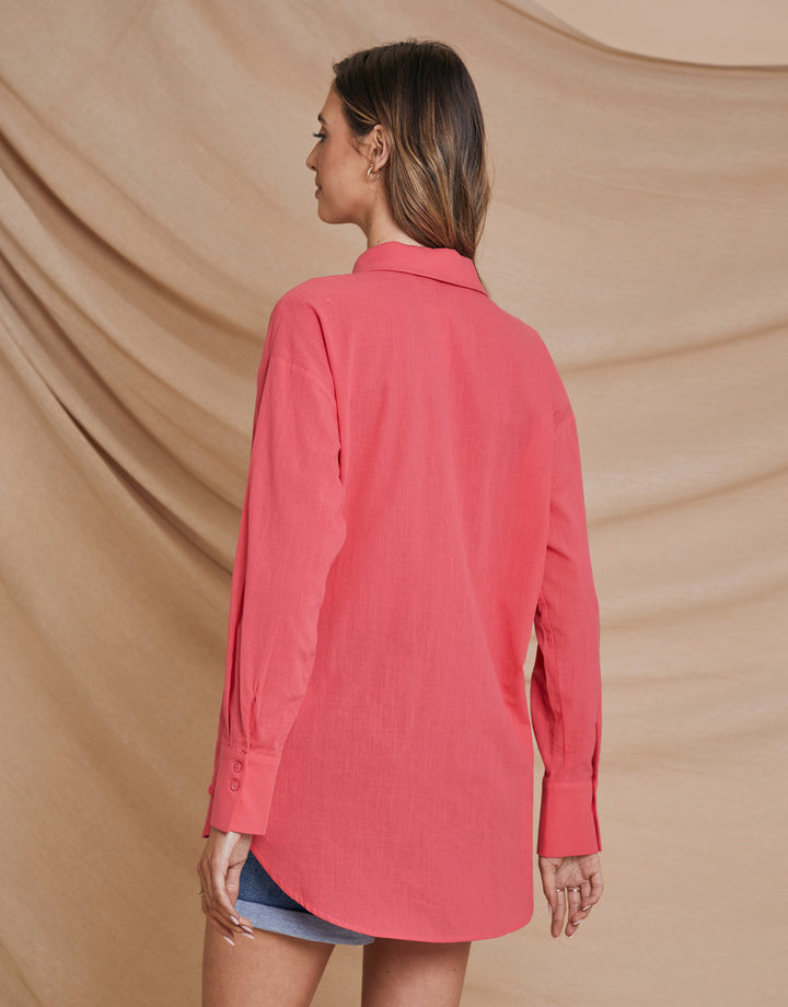 Pink Longline Linen Look Cotton Shirt